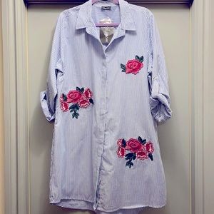 New Blue and White Striped Button Up Dress 1X